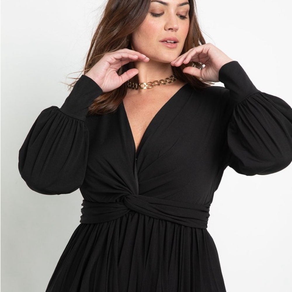 NEW $110 Eloquii Knot Front Pleated Skirt Dress Black Stretch Jersey Midi 24 - Picture 2 of 16
